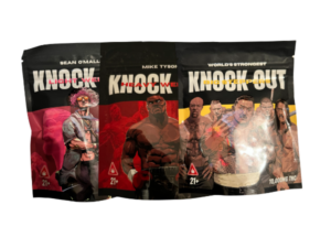 Sealed Knockout THC Gummies edible packaging displayed for an adult-use cannabis product listing.